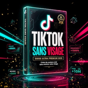 Könnte beinhalten: Ein Buchcover mit dem Titel "TIKTOK SANS VISAGE" in großen weißen Buchstaben, mit einem rot-weißen TikTok-Logo. Das Cover enthält auch den Text "GUIDE ULTRA PREMIUM 2025" und Grafiken, die eine erhöhte Reichweite anzeigen.