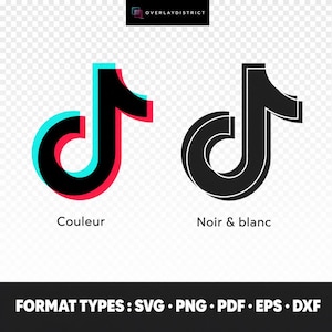 May include: Two TikTok logo variations displayed on a transparent background. The left logo features the iconic black musical note symbol with cyan and magenta colour shifts. The right logo is a solid black outline version. Text includes OVERLAYDISTRICT.