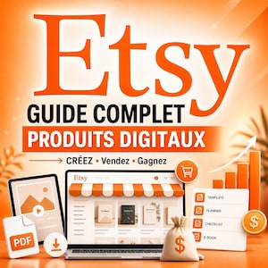 Peut inclure: Une image promotionnelle orange et blanche pour les produits numériques Etsy. Le mot "Etsy" est bien en évidence. Le texte "GUIDE COMPLET PRODUITS DIGITAUX" est en dessous. Un ordinateur portable affiche une boutique Etsy. Des icônes PDF, modèles et un sac d'argent sont également visibles.
