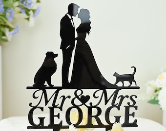 Adorno para tarta de boda con silueta de mascota (perro o gato), adorno para tarta de novios, nombres personalizados, regalo de boda personalizado para amantes de las mascotas.