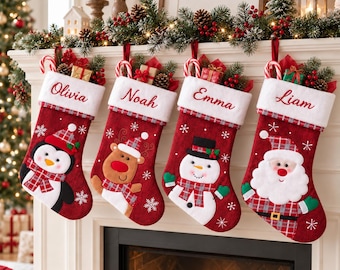 Personalisierter Weihnachtsstrumpf mit Namen, bestickter Familienstrumpf, Weihnachtsmann, Rentier, Schneemann, Pinguin, Weihnachtsgeschenk für Kinder