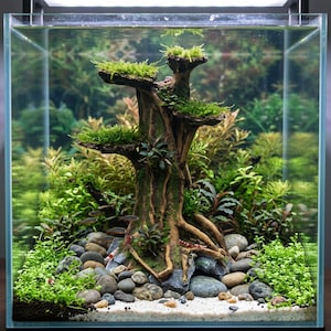May include: A planted aquarium featuring an aquascape with a tree-like structure covered in green moss and plants. The tank includes rocks, sand, and aquatic plants. Small fish and shrimp swim in the clear water, creating a vibrant underwater scene.
