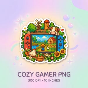 Può includere: Un adesivo fustellato raffigurante una console di gioco portatile che mostra una scena di fattoria con un personaggio, una casa e animali. La console è circondata da girasoli, un cesto di carote, una mucca, un mulino e un silo in stile cartoon.