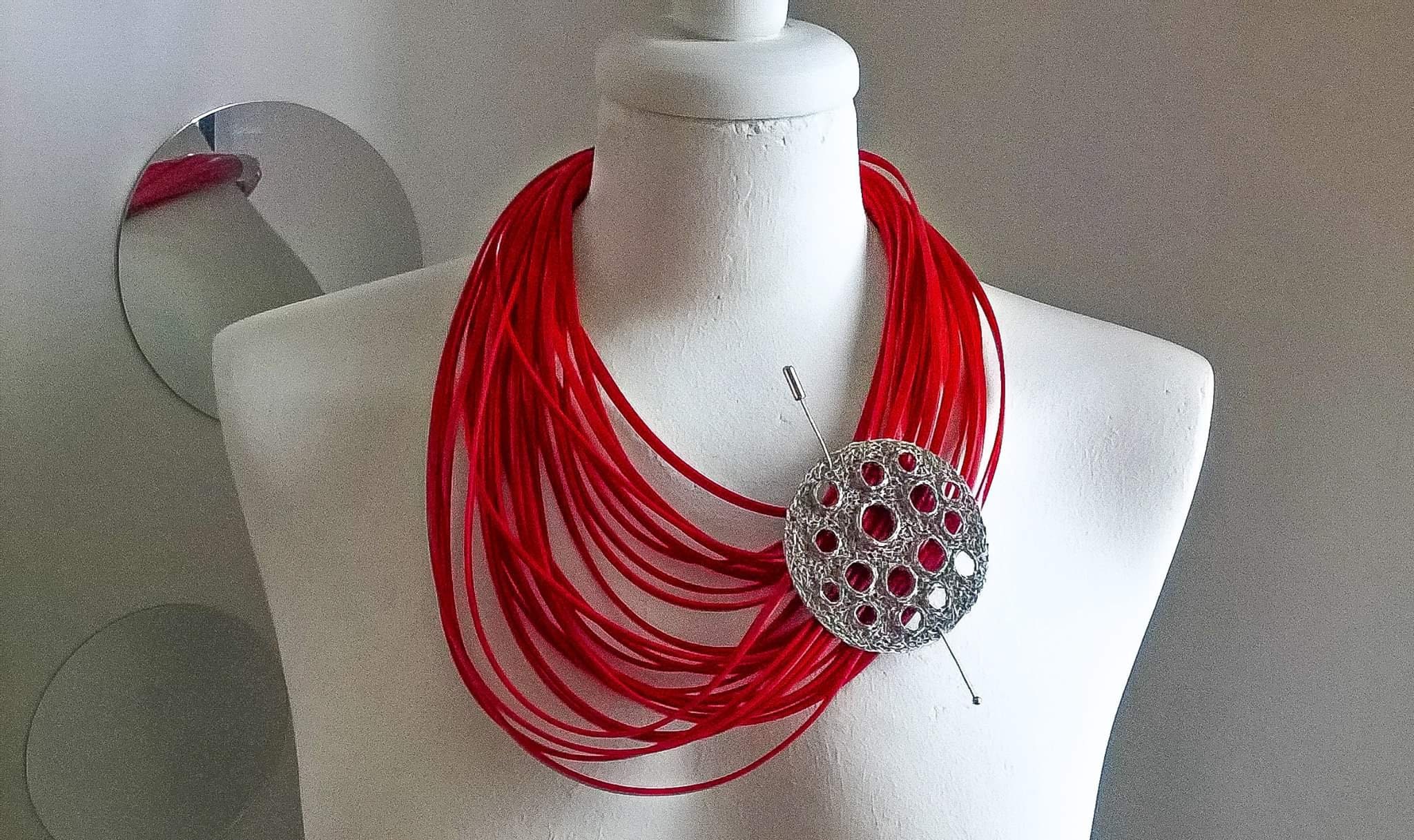 Red rubber necklace with brooch detail statement necklace Etsy