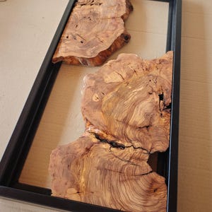 Könnte beinhalten: Ein rechteckiger schwarzer Metallrahmen mit zwei separaten, unregelmäßig geformten Naturholzstücken, die sichtbare Maserungen, Astlöcher und Risse aufweisen. Die Holzteile sind in dem offenen Rahmen platziert und zeigen organische Texturen und Brauntöne.