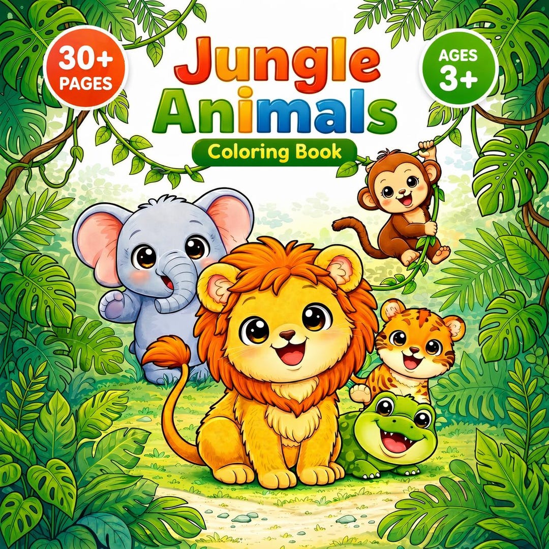 Jungle Animals Kids Coloring Book, 32 Cute Safari Pages, Digital ...