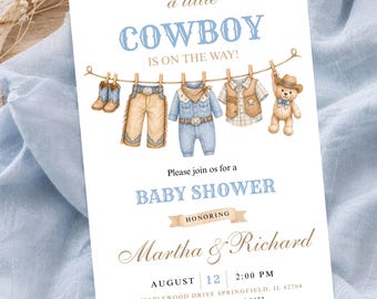 Cowboy-Babypartyeinladung, Western-Thema-Wäscheleine einladen, bearbeitbare kleine Cowboy-Canva-Vorlage, digitaler Download