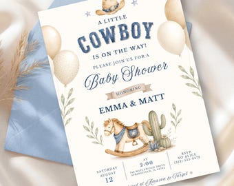 Cowboy-Babyparty-Einladungsvorlage, bearbeitbare Western Boy-Einladung, kleiner Cowboy (Digitaler Download)