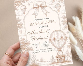 Beige Toile de Jouy Babypartyeinladungsvorlage, Heißluftballon, bearbeitbares Bogendesign (Digitaler Download)