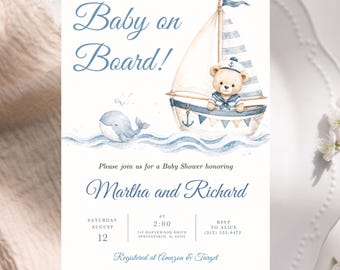 Baby an Bord Babypartyeinladungsvorlage, bearbeitbares Segelboot-nautisches Thema einladen, Meereswellen, Ahoi Baby Boy, digitaler Download