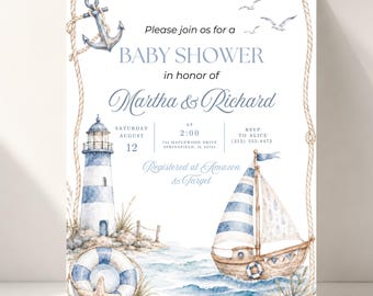 Nautische Babypartyeinladungsvorlage, bearbeitbare Segelboot-Babypartyeinladung, Küstenleuchtturm Sailor Boy, digitaler Download