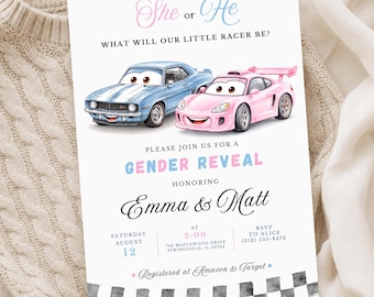 Bearbeitbare Rennwagen-Gender Reveal-Einladungsvorlage, er oder sie kleiner Rennfahrer Canva einladen, Pink Blue Racing Babyparty, sofortiger Download