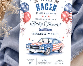 Vaterländische Rennwagen-Babyparty-Einladungsvorlage, bearbeitbares Muskelauto einladen, alles amerikanisches Thema, sofortiger Download