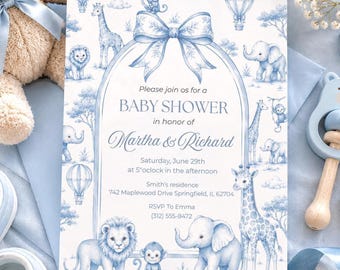 Blaue Toile Safari-Babyparty-Einladungsvorlage, staubige Tiere, bearbeitbare Babyjunge-Einladung (digitaler Download)
