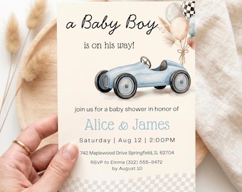 Bearbeitbare Rennwagen-Babyparty-Einladungsvorlage, Boho-Thema einladen, Canva-Vorlage, blaues Auto-Einladung, Vintage-Auto, Jungen-Babyparty