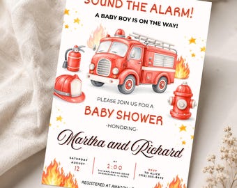 Bearbeitbare Feuerwehrauto-Babyparty-Einladungsvorlage, Feuerwehrmann-Junge einladen, Alarm schlagen, Feuerwehrmann-Thema, digitaler Download