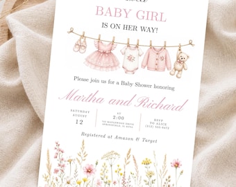 Wildblumen-Babyparty-Einladungsvorlage, bearbeitbare Blumen Boho-Mädchen-Wäscheleine-Babyparty-Einladung (digitaler Download)