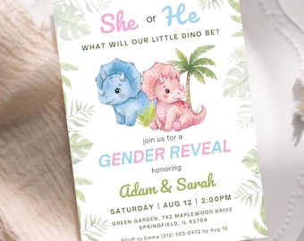 Bearbeitbare Dinosaurier-Gender Reveal-Einladung, Canva-Vorlage, geschlechtsneutrale Babypartyeinladung, Dino-Einladung, bearbeitbarer sofortiger Download