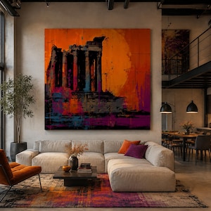 May include: A large square wall art piece featuring an abstract painting of ancient stone columns against a vibrant orange sun. The artwork uses bold strokes of deep purple, black, and orange, displayed prominently above a beige sectional sofa.