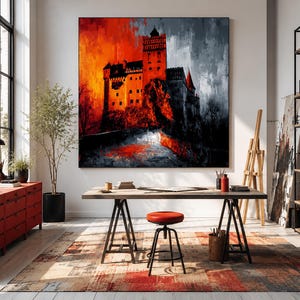Op de afbeelding: Een groot vierkant wandkunstwerk met een dramatisch schilderij van een kasteel. Het kunstwerk gebruikt een gedurfd kleurenpalet van dieprood, oranje en antracietgrijs, met een stenen fort met torens tegen een contrastrijke, vurige achtergrond.