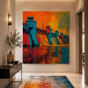 May include: A large rectangular wall art piece featuring an abstract painting of a dam with water flowing over it. The artwork uses a vibrant color palette of bright orange, yellow, deep red, and teal blue, with visible brushstrokes and textures.