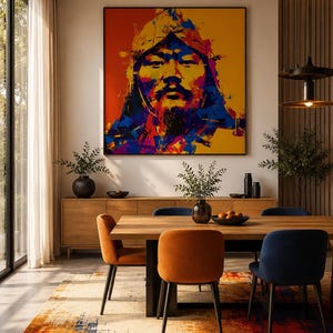 Op de afbeelding: Een groot vierkant wandkunstwerk met een gestileerd, kleurrijk portret van een persoon met een baard, uitgevoerd in levendige tinten oranje, geel, blauw en paars. Het kunstwerk hangt in een eetkamer boven een houten dressoir.