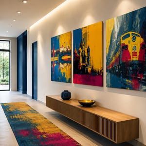 Op de afbeelding: Drie vierkante canvas prints met abstracte stadsgezichten en een trein in tinten geel, blauw en magenta. De kunstwerken hangen in een gang boven een lange zwevende houten console met een blauwe vaas en een gouden schaal.