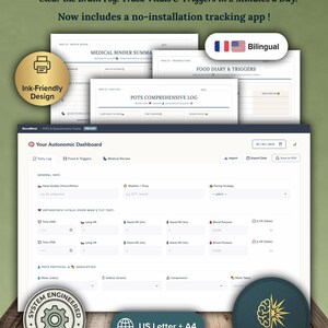 Puede incluir: Rastreador digital de POTS con una interfaz fácil de usar. El diseño incluye secciones para el seguimiento de signos vitales, diarios de alimentos y desencadenantes. Incluye un diseño apto para impresión y soporte bilingüe. Disponible en tamaños US Letter y A4.