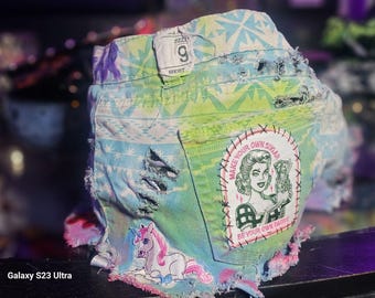 Rockstar Wear "Faded Blue Beach Bum" Booty Shorts Punk Metal Custom Wearable Art