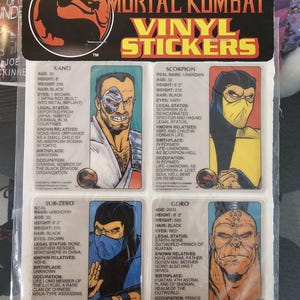 Mortal Kombat Vinyl Stickers 1992 Kano Scorpion Sub-Zero Goro 1994 Gordy Toy