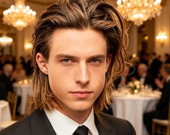 Customized labels,Premium Men's Brown Wavy Mullet Wig - Natural Synthetic Heat Resistant Wig for Formal Events, Cosplay & Daily Wear