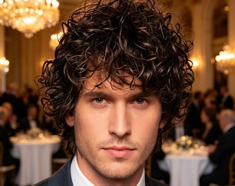Customized labels,Men’s Natural Dark Brown Curly Wig, Short Textured Waves Synthetic Wig for Formal Events, Cosplay, Daily Wear, Realistic