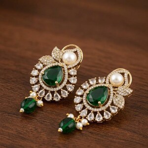 Crimson Bloom CZ Drop Earrings, Gold Finish Kundan Pearl Statement Jewelry , Beautiful Ruby  Pearl Earrings  Git For Women.