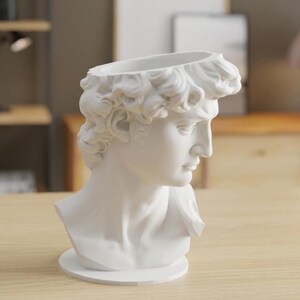 Puede incluir: Un busto blanco de una figura masculina clásica, probablemente David, con la parte superior ahuecada. El busto está sobre una base redonda y está hecho de un material liso y mate. La escultura es un objeto decorativo.