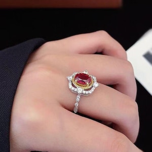 Oval Ruby Engagement Ring, Two Tone Halo, Sterling Silver, Vintage Style Band