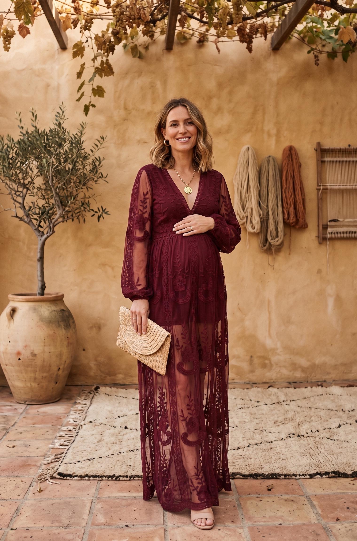 burgundy lace maternity dress Lace Long-sleeve Maternity Maxi Dress main image 0