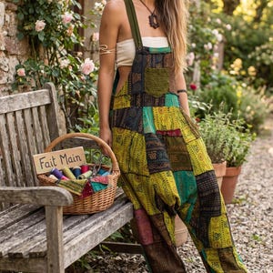 May include: Overalls with a patchwork design in shades of green, yellow, and brown. The overalls have a bib pocket and adjustable straps. A woven basket with spools of thread and scissors sits on a wooden bench. The sign on the basket says "Fait Main".