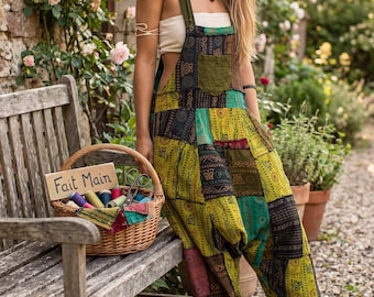 Salopette patchwork boho, tuta harem hippie da donna, salopette a gamba larga artigianale, abbigliamento bohémien per festival, Colorful One F101