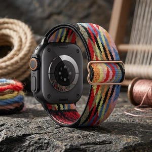 May include: A black smartwatch with a colorful woven band featuring red, yellow, blue, and black stripes. The watch has a digital display and a gold-colored clasp. The watch is shown on a textured gray surface.