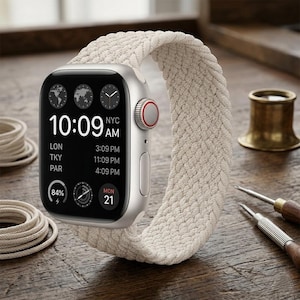 Könnte beinhalten: Eine silberne Smartwatch mit einem cremefarbenen, geflochtenen Solo-Loop-Armband. Das digitale Display zeigt die Uhrzeit 10:09 AM, NYC, Weltzeitstädte wie LON, TKY und PAR, einen Akkustand von 84 % und das Datum Montag 21 mit roter Krone.