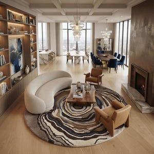 Può includere: Un grande tappeto circolare con un motivo organico concentrico nei toni del marrone, crema, blu e grigio. Il tappeto è posizionato in una zona giorno sotto un divano curvo color crema, due poltrone in pelle marrone chiaro e un tavolino.