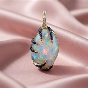 Opal Pendant Necklace, 925 Sterling Silver 14K Gold Plated, Multicolor Opal Gemstone Pendant, Blue Stone Statement Jewelry, Gift for Her