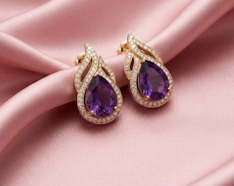 Purple Teardrop Gemstone Earrings, 925 Sterling Silver Stud, 14K Gold Plated Purple Stone Drop Earrings, Elegant Bridal Jewelry Gift for Her