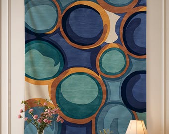 Personalized Abstract Tapestry, Retro Blue Orange Circle Wall Hanging, Mid Century Dorm Decor, Boho Funky Wall Art,Modern Geometric Art Gift