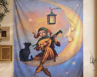 Personalized Custom Witchy Tapestry,Moon Cat Lantern Wall Hanging,Whimsical Magical Room Decor, Halloween Decor,Cottagecore Fantasy Art Gift