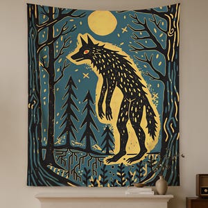 May include: A rectangular wall tapestry featuring a black wolf-like creature standing in a forest at night. The design includes a yellow moon, dark blue sky, and stylized trees with visible roots. The creature has a black body with yellow spots.