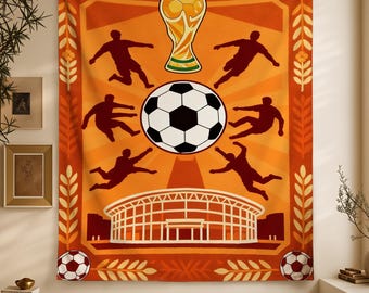 Personalized Orange Stadium Soccer Tapestry, Trophy and Ball Sports Wall Hanging, Championship Fan Banner, Game Room Decor, Sport Lover Gift