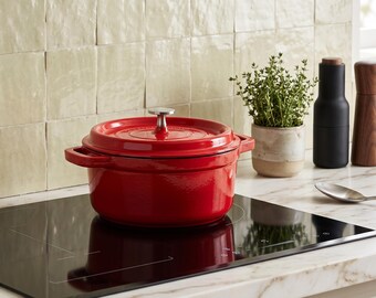 Red Dutch Oven Casserole Dish with Lid, Round Cooking Pot for Gourmet Meals, Vibrant Kitchen Cookware, Housewarming Gift for Home Chefs