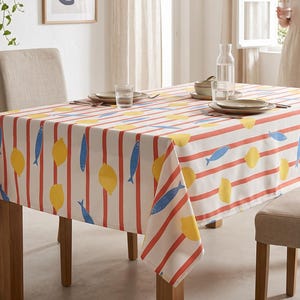 Rectangle Tablecloth | Lemon & Fish Stripe Table Cover | Kitchen Dining Decor