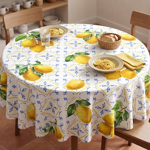 Mediterranean Round Tablecloth | Lemon Tile Table Cover | Kitchen Dining Decor